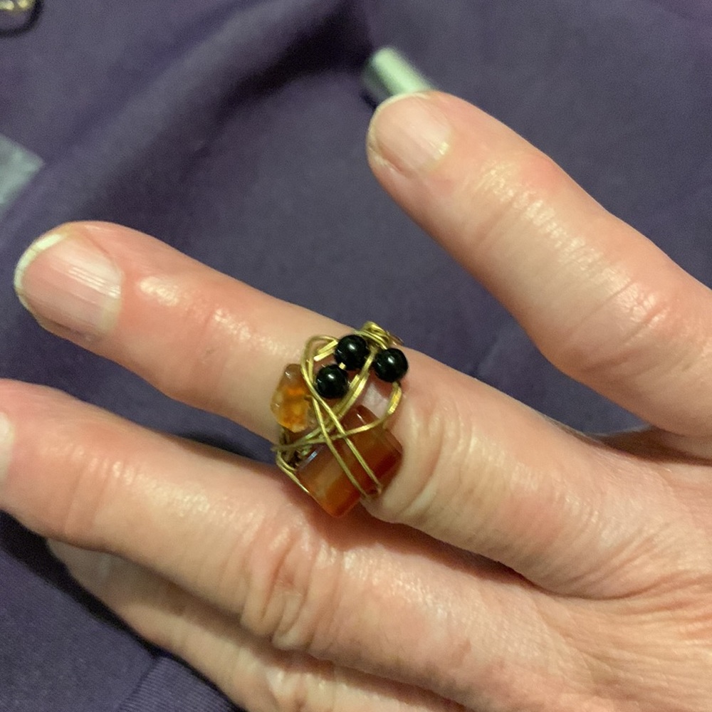 Fire opal and jet wire Wrapped ring